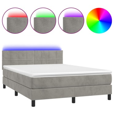 vidaXL Κρεβάτι Boxspring με Στρώμα&LED Αν. Γκρι 140x190 εκ. Βελούδινο