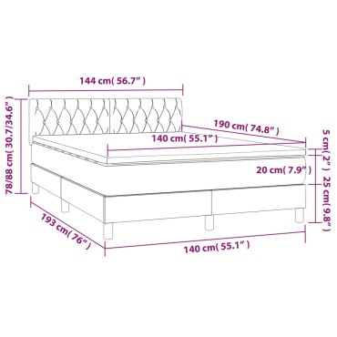 vidaXL Κρεβάτι Boxspring με Στρώμα&LED Αν. Γκρι 140x190 εκ. Βελούδινο