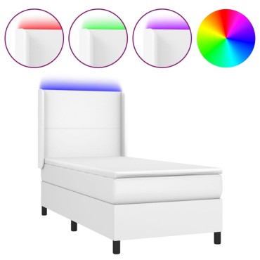 vidaXL Κρεβάτι Boxspring με Στρώμα & LED Λευκό 90x190cm Συνθ. Δέρμα 1 τεμ. - Μονό