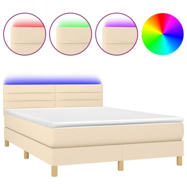 vidaXL Κρεβάτι Boxspring με Στρώμα & LED Κρεμ 140x190 εκ. Υφασμάτινο