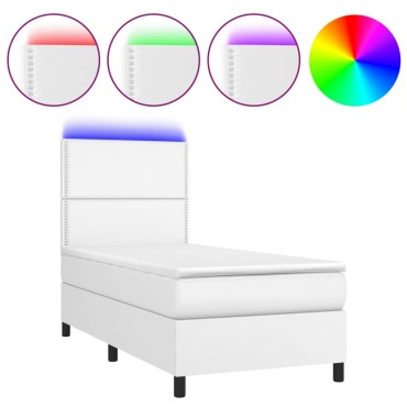 vidaXL Κρεβάτι Boxspring με Στρώμα & LED Λευκό 90x190cm Συνθ. Δέρμα 1 τεμ. - Μονό