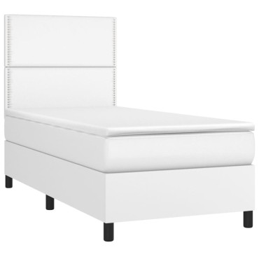 vidaXL Κρεβάτι Boxspring με Στρώμα & LED Λευκό 90x190cm Συνθ. Δέρμα 1 τεμ. - Μονό