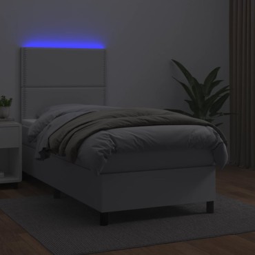 vidaXL Κρεβάτι Boxspring με Στρώμα & LED Λευκό 90x190cm Συνθ. Δέρμα 1 τεμ. - Μονό