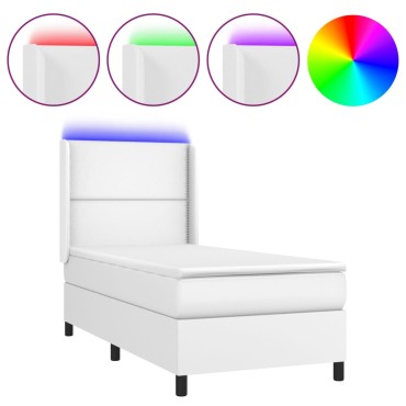 vidaXL Κρεβάτι Boxspring με Στρώμα & LED Λευκό 90x190cm Συνθ. Δέρμα 1 τεμ. - Μονό