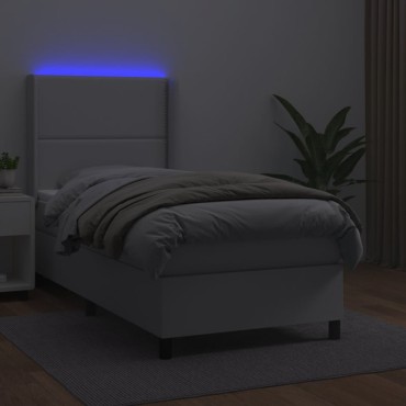 vidaXL Κρεβάτι Boxspring με Στρώμα & LED Λευκό 90x190cm Συνθ. Δέρμα 1 τεμ. - Μονό