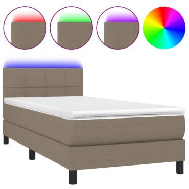 vidaXL Κρεβάτι Boxspring με Στρώμα & LED Taupe 90x200 εκ. Υφασμάτινο