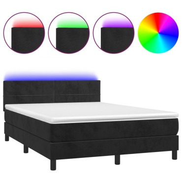 vidaXL Κρεβάτι Boxspring με Στρώμα & LED Μαύρο 140x200 εκ. Βελούδινο