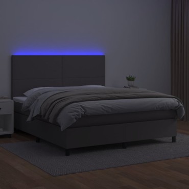 vidaXL Κρεβάτι Boxspring με Στρώμα & LED Γκρι 180x200cm Συνθ. Δέρμα 1 τεμ. - Διπλό