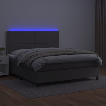 vidaXL Κρεβάτι Boxspring με Στρώμα & LED Γκρι 180x200cm Συνθ. Δέρμα 1 τεμ. - Διπλό