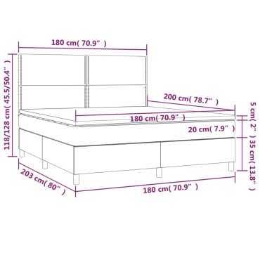 vidaXL Κρεβάτι Boxspring με Στρώμα & LED Γκρι 180x200cm Συνθ. Δέρμα 1 τεμ. - Διπλό
