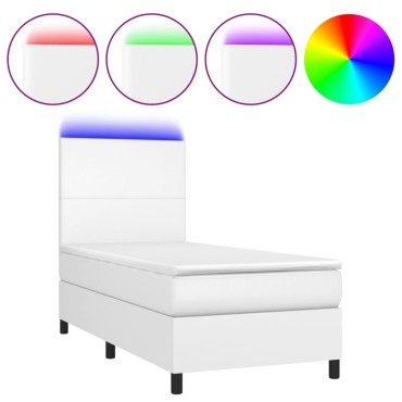 vidaXL Κρεβάτι Boxspring με Στρώμα & LED Λευκό 90x190cm Συνθ. Δέρμα 1 τεμ. - Μονό