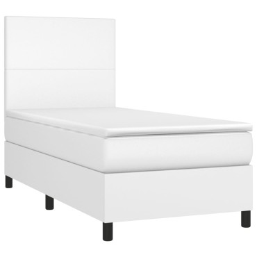 vidaXL Κρεβάτι Boxspring με Στρώμα & LED Λευκό 90x190cm Συνθ. Δέρμα 1 τεμ. - Μονό