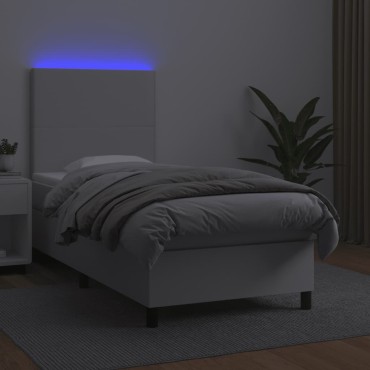 vidaXL Κρεβάτι Boxspring με Στρώμα & LED Λευκό 90x190cm Συνθ. Δέρμα 1 τεμ. - Μονό