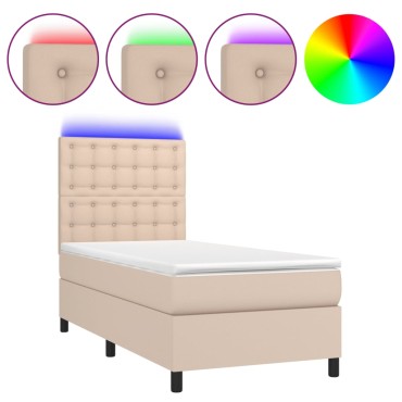 vidaXL Κρεβάτι Boxspring Στρώμα&LED Καπουτσίνο 100x200 εκ. Συνθ. Δέρμα