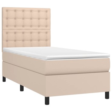 vidaXL Κρεβάτι Boxspring Στρώμα&LED Καπουτσίνο 100x200 εκ. Συνθ. Δέρμα