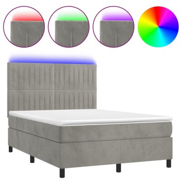 vidaXL Κρεβάτι Boxspring με Στρώμα & LED Αν.Γκρι 140x200 εκ. Βελούδινο