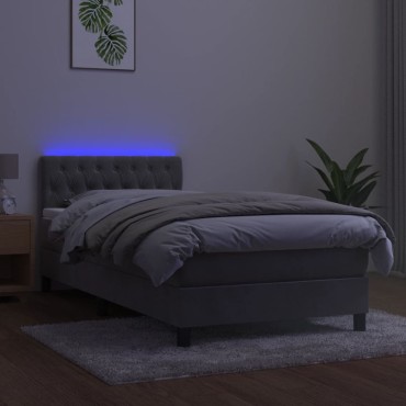 vidaXL Κρεβάτι Boxspring με Στρώμα & LED Αν.Γκρι 100x200 εκ. Βελούδινο