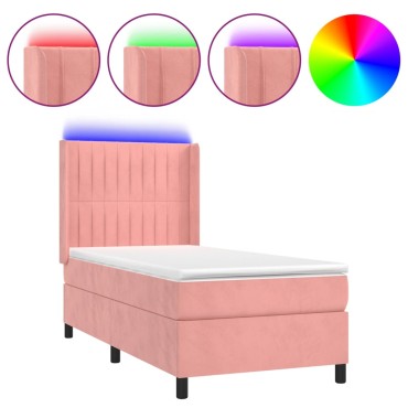 vidaXL Κρεβάτι Boxspring με Στρώμα & LED Ροζ 100x200 εκ. Βελούδινο