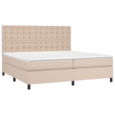 vidaXL Κρεβάτι Boxspring Στρώμα&LED Καπουτσίνο 200x200 εκ. Συνθ. Δέρμα