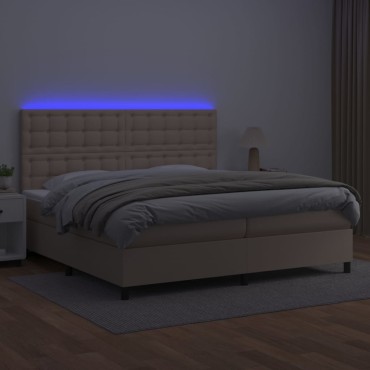 vidaXL Κρεβάτι Boxspring Στρώμα&LED Καπουτσίνο 200x200 εκ. Συνθ. Δέρμα