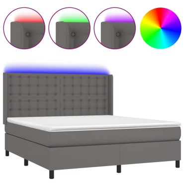 vidaXL Κρεβάτι Boxspring με Στρώμα & LED Γκρι 180x200cm Συνθ. Δέρμα 1 τεμ. - Διπλό