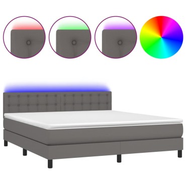 vidaXL Κρεβάτι Boxspring με Στρώμα & LED Γκρι 180x200cm Συνθ. Δέρμα 1 τεμ. - Διπλό