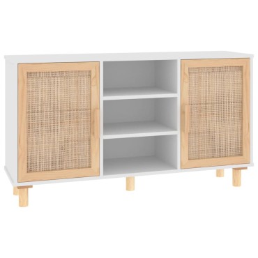 vidaXL Μπουφές Λευκός 105x30x60cm Μασίφ Πεύκο & Φυσικό Ρατάν 1 τεμ.