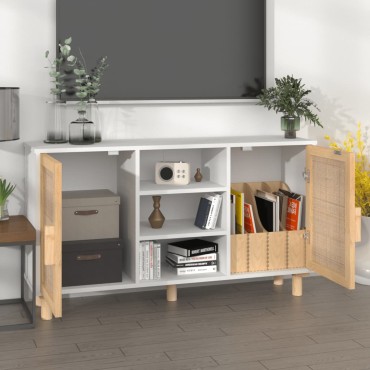vidaXL Μπουφές Λευκός 105x30x60cm Μασίφ Πεύκο & Φυσικό Ρατάν 1 τεμ.