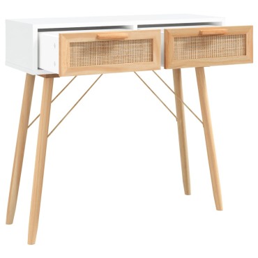 vidaXL Τραπέζι Κονσόλα Λευκό 80x30x75cm Μασίφ Πεύκο & Φυσικό Ρατάν 1 τεμ.