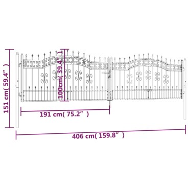 vidaXL Πόρτα Φράχτη με Ακίδες Μαύρη 406x151 εκ. Ατσάλι με Ηλεκτρ. Βαφή