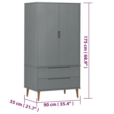 vidaXL Ντουλάπα MOLDE Γκρι 90x55x175cm από Μασίφ Ξύλο Πεύκου 1 τεμ.