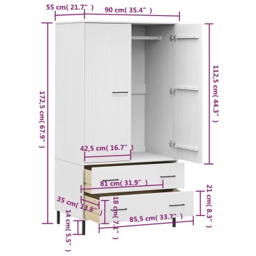 vidaXL Ντουλάπα OSLO Λευκή 90x55x172,5cm Μασίφ Ξύλο με Μετ. Πόδια 1 τεμ.