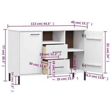 vidaXL Ντουλάπι OSLO Λευκό 113x40x77cm Μασίφ Ξύλο με Μετ. Πόδια 1 τεμ.