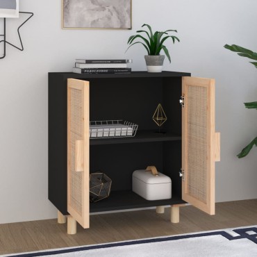 vidaXL Ντουλάπι Μαύρο 60x30x70cm από Μασίφ Πεύκο & Φυσικό Ρατάν 1 τεμ.
