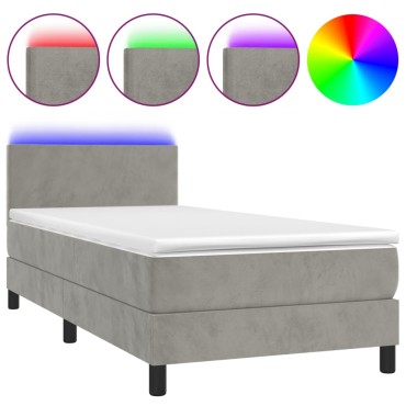 vidaXL Κρεβάτι Boxspring με Στρώμα & LED Αν.Γκρι 90x190 εκ. Βελούδινο