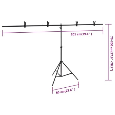 vidaXL Βάση Φόντου σε Σχήμα Τ Μαύρη 201x60x(70-200) εκ.