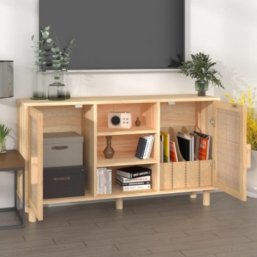 vidaXL Συρταριέρα Καφέ 105x30x60cm Μασίφ Πεύκο & Φυσικό Ρατάν 1 τεμ.