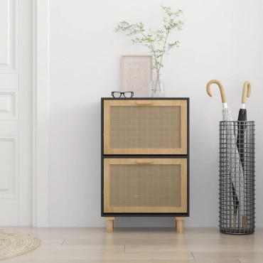 vidaXL Παπουτσοθήκη Μαύρη 52x25x80cm Επεξεργασμένο Ξύλο&Φυσικό Ρατάν