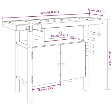 vidaXL Πάγκος Εργ. Συρτάρι/ Μέγγενες 124x52x83 εκ. Μασίφ Ξύλο Ακακίας