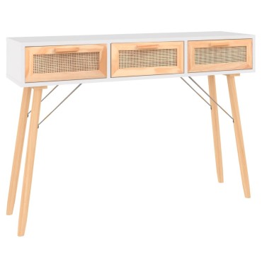 vidaXL Τραπέζι Κονσόλα Λευκό 105x30x75cm Μασίφ Πεύκο & Φυσικό Ρατάν 1 τεμ.