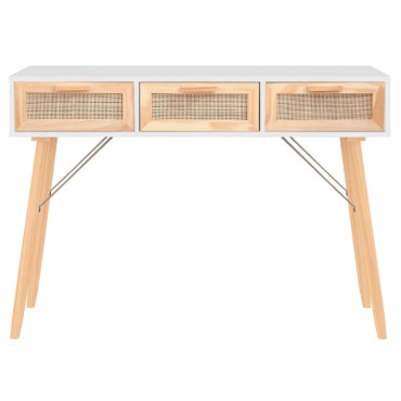vidaXL Τραπέζι Κονσόλα Λευκό 105x30x75cm Μασίφ Πεύκο & Φυσικό Ρατάν 1 τεμ.