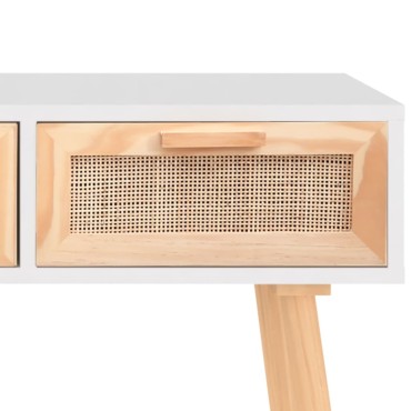 vidaXL Τραπέζι Κονσόλα Λευκό 105x30x75cm Μασίφ Πεύκο & Φυσικό Ρατάν 1 τεμ.