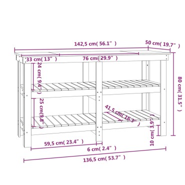 vidaXL Πάγκος Εργασίας 142,5 x 50 x 80 εκ. από Μασίφ Ξύλο Πεύκου