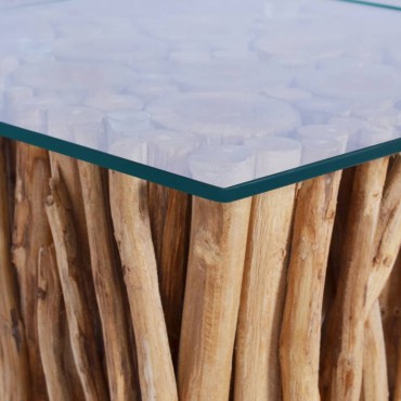 vidaXL Τραπέζι Σαλονιού Γυάλινη Επιφάνεια 66x66x40cm Μασίφ Ξύλο Teak 1 τεμ.