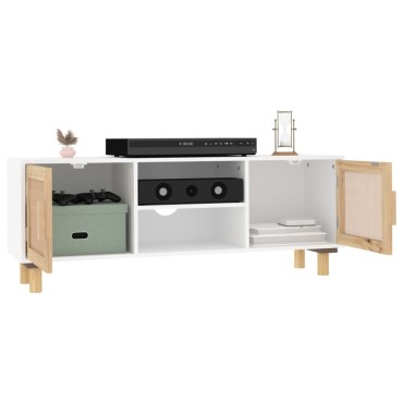 vidaXL Έπιπλο Τηλεόρασης Λευκό 105x30x40cm Μασίφ Πεύκο & Φυσικό Ρατάν