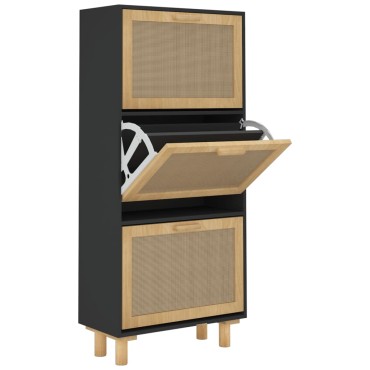vidaXL Παπουτσοθήκη Μαύρη 52x25x115cm Επεξεργασμένο Ξύλο&Φυσικό Ρατάν