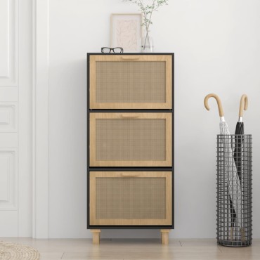vidaXL Παπουτσοθήκη Μαύρη 52x25x115cm Επεξεργασμένο Ξύλο&Φυσικό Ρατάν
