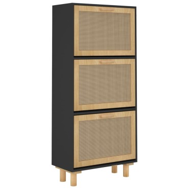 vidaXL Παπουτσοθήκη Μαύρη 52x25x115cm Επεξεργασμένο Ξύλο&Φυσικό Ρατάν