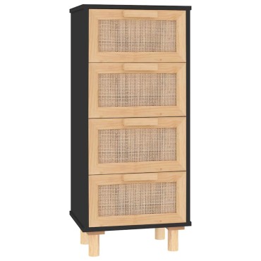 vidaXL Συρταριέρα Μαύρη 40x30x90cm από Μασίφ Πεύκο & Φυσικό Ρατάν 1 τεμ.