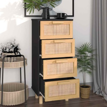 vidaXL Συρταριέρα Μαύρη 40x30x90cm από Μασίφ Πεύκο & Φυσικό Ρατάν 1 τεμ.